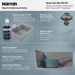 Undermount Kitchen Sink Kit, Single Bowl, Quartz, 24-3/8 x 19-1/8 In, Gray
