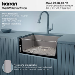 Undermount Kitchen Sink Kit, Single Bowl, Quartz, 24-3/8 x 19-1/8 In, Gray