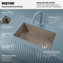 Undermount Kitchen Sink Kit, Single Bowl, Quartz, 31.75 Inch, Concrete