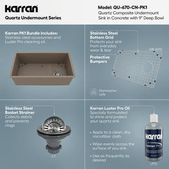 Undermount Kitchen Sink Kit, Single Bowl, Quartz, 31.75 Inch, Concrete