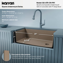 Undermount Kitchen Sink Kit, Single Bowl, Quartz, 31.75 Inch, Concrete