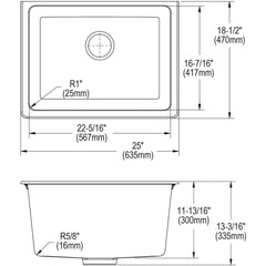 Undermount Kitchen Sink, Quartz Classic, Single Bowl, 25 Inch, Greystone