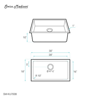 Undermount Kitchen Sink, Rivage, Single Basin, Stainless Steel, 30 x 18 In., Black