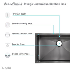 Undermount Kitchen Sink, Rivage, Single Basin, Stainless Steel, Black