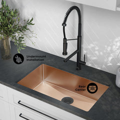 Undermount Kitchen Sink, Rivage, Single Basin Stainless Steel in Rose Gold
