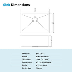 Undermount Kitchen Sink, Single Bowl, 304 Stainless Steel, Satin