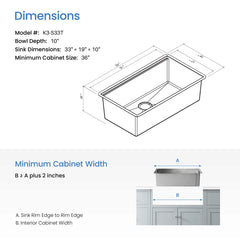 Undermount Kitchen Sink, Single Bowl, 316 Marine Grade Stainless Steel, 33 Inch, Silver