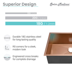 Undermount Kitchen Sink, Tourner, Single Bowl, Stainless Steel, Rose Gold