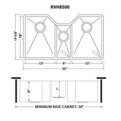Undermount Kitchen Sink, Triple Bowl, 16 Gauge Stainless Steel, 35 Inch