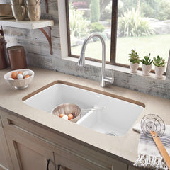 Undermount Kitchen Sink, Valea, Double Bowl, Low Divide, Silgranit, 32", White