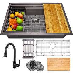 Undermount Kitchen Sink with Faucet, Single Bowl, Stainless Steel, 32 In, Matte Black
