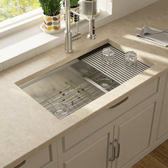 Undermount Kitchen Sink Workstation, Double Bowl 60/40, 16 Gauge Stainless Steel