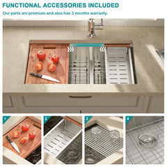 Undermount Kitchen Sink Workstation, Double Bowl 60/40, 16 Gauge Stainless Steel