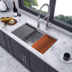 Undermount Kitchen Sink Workstation, Double Bowl, Stainless Steel, Brushed Nickel, 33 In