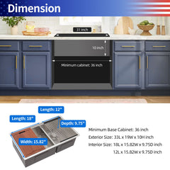 Undermount Kitchen Sink Workstation, Double Bowl, Stainless Steel, Brushed Nickel, 33 In