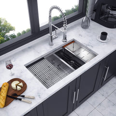 Undermount Kitchen Sink Workstation, Double Bowl, Stainless Steel, Brushed Nickel, 33 In