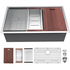 Undermount Kitchen Sink Workstation, Single Bowl, 16 Gauge Stainless Steel, Brushed