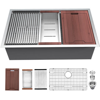 Undermount Kitchen Sink Workstation, Single Bowl, 16 Gauge Stainless Steel, Brushed