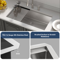 Undermount Kitchen Sink Workstation, Single Bowl, 16 Gauge Stainless Steel, Brushed