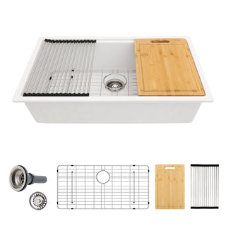 Undermount Kitchen Sink Workstation, Single Bowl, Granite Composite, 30 In., White