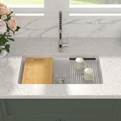 Undermount Kitchen Sink Workstation, Single Bowl, Granite Composite, 30 In., White