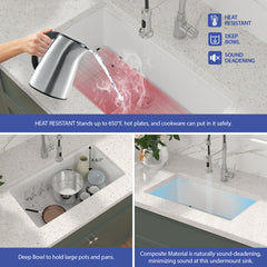 Undermount Kitchen Sink Workstation, Single Bowl, Granite Composite, 30 In., White