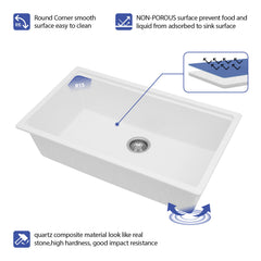 Undermount Kitchen Sink Workstation, Single Bowl, Granite Composite, 30 In., White