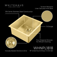 Undermount or Drop-In Kitchen Sink Set, Single Bowl, 18 Inch in Brass