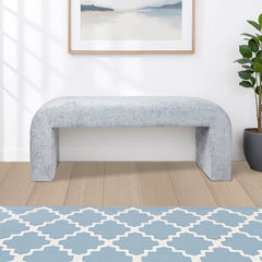 Upholstered Bedroom Bench, 48 in Wide, Blue Polyester with Sled Legs