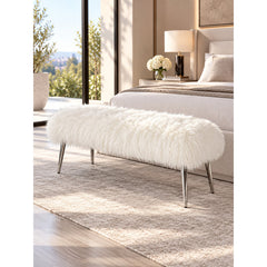 Upholstered Bench in Faux Fur with Silver Metal Legs