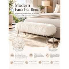 Upholstered Bench in Faux Fur with Silver Metal Legs