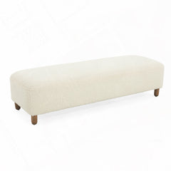 Upholstered Bench in White Polyester with Wood Legs