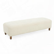 Upholstered Bench in White Polyester with Wood Legs