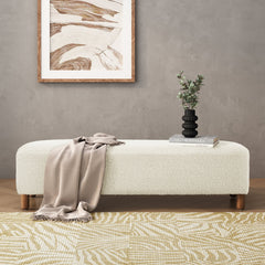 Upholstered Bench in White Polyester with Wood Legs