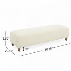 Upholstered Bench in White Polyester with Wood Legs