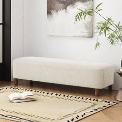 Upholstered Bench in White Polyester with Wood Legs
