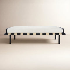 Upholstered Bench with Solid Teak Frame and Linen Blend Cushion