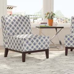 Upholstered Chair, Blue and Cream Rayon Upholstery with Espresso Wood Legs