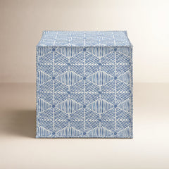 Upholstered Cube Ottoman, Dusty Blue Cotton with Wood Frame
