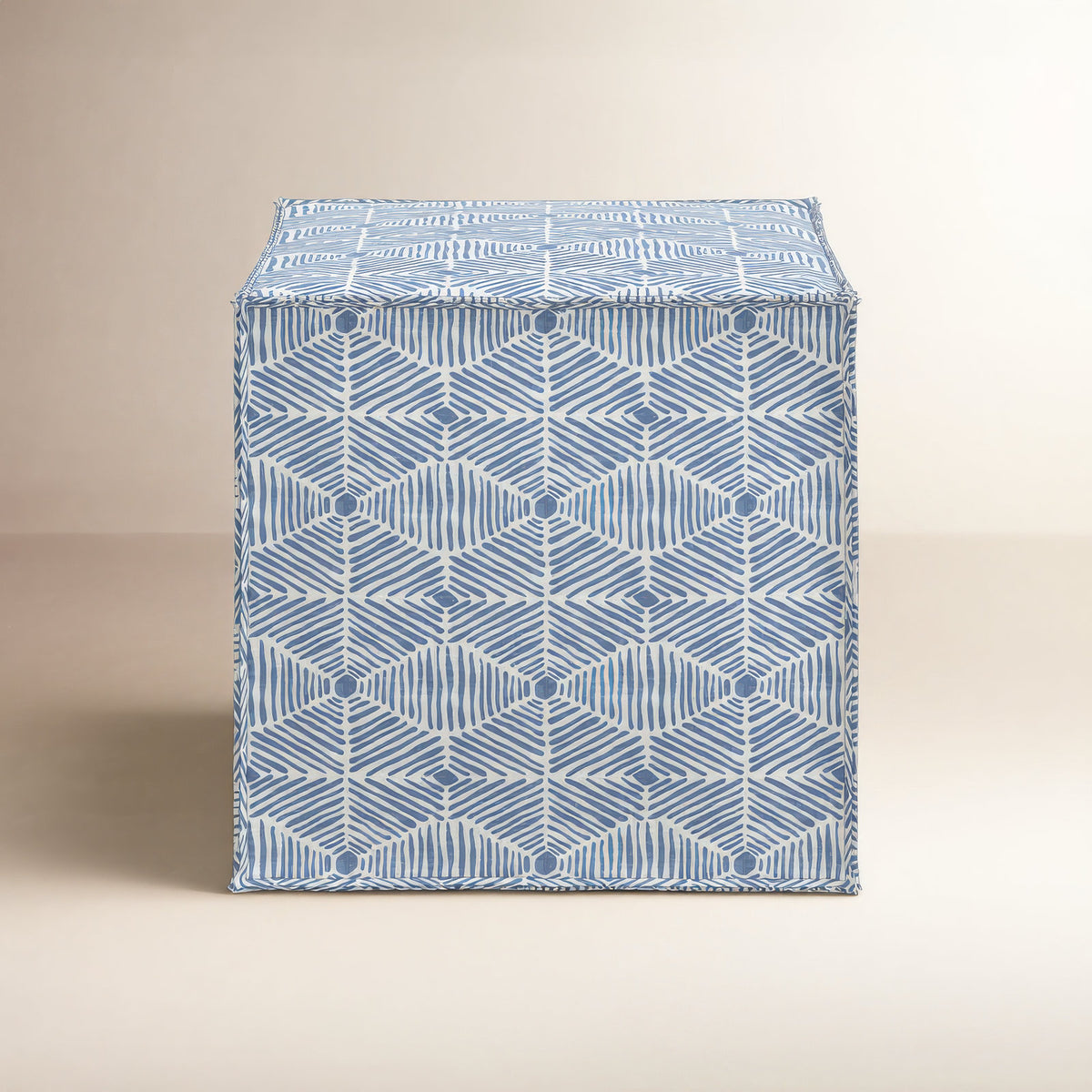 Upholstered Cube Ottoman, Dusty Blue Cotton with Wood Frame