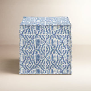 Upholstered Cube Ottoman, Dusty Blue Cotton with Wood Frame