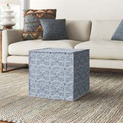 Upholstered Cube Ottoman, Dusty Blue Cotton with Wood Frame