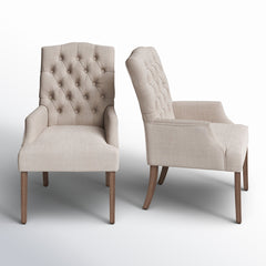 Upholstered Dining Armchair with Wood Grain Legs, Beige Linen
