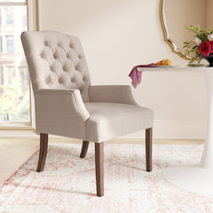 Upholstered Dining Armchair with Wood Grain Legs, Beige Linen