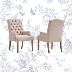 Upholstered Dining Armchair with Wood Grain Legs, Beige Linen