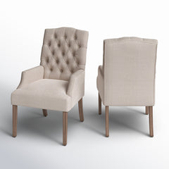 Upholstered Dining Armchair with Wood Grain Legs, Beige Linen