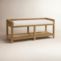 Upholstered Dining Bench in Snow Performance Fabric with Honey Frame