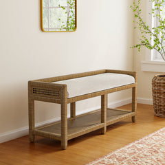 Upholstered Dining Bench in Snow Performance Fabric with Honey Frame