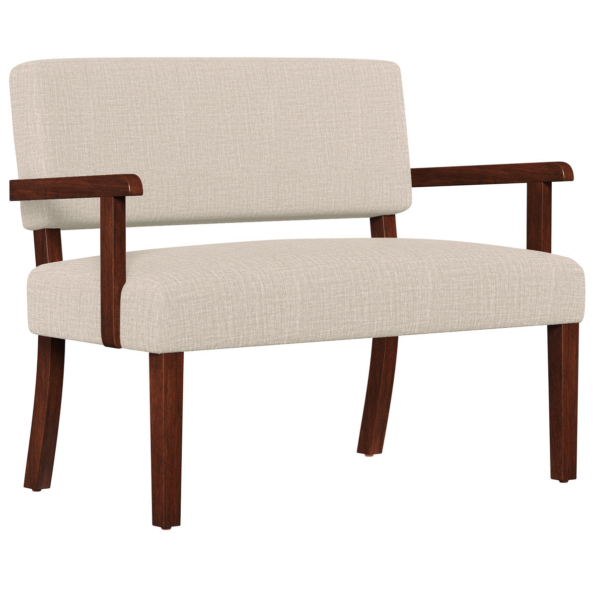 Upholstered Dining Bench, Solid Wood Frame with Back and Arms, Beige