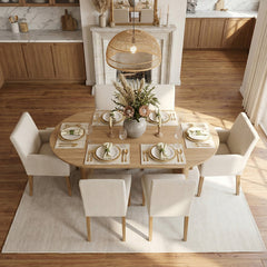 Upholstered Dining Chairs, Set of 6, Beige Linen Blend with Natural Wood Legs